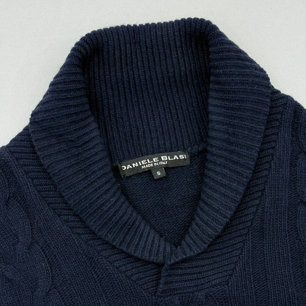 Daniele Blasi Wool Cable Knit Sweater Mens Small Shawl Collar Made in Italy Blue